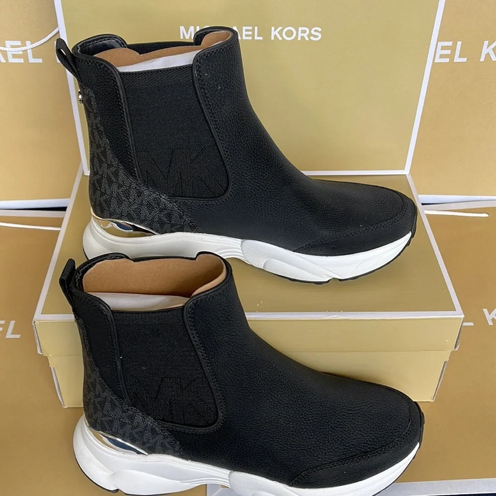 Michael Kors Black and White Chelsea-Style Platform Sneaker Booties